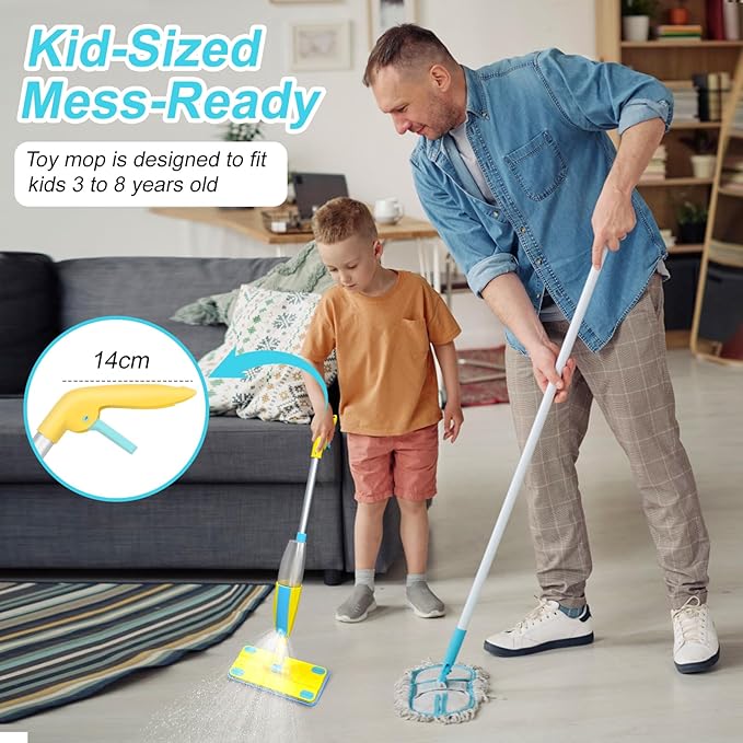 Spray Mop Kids Montessori Love Toy Set with Real Water Sprayer 3PCS Washable pads Squeeze Working Mini Size Kids Spray Mops Cleaning Toy Set That Really Work for Toddler 3-8 Floor Cleaning Dust