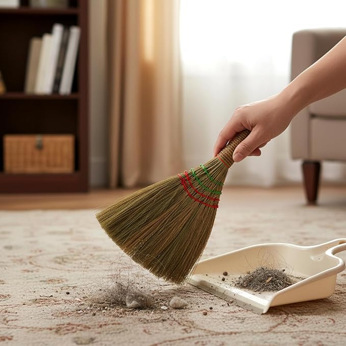 12 Inch Whisk Broom Hand Held, Corn Broom Straw Hand Brooms Handmade Short Handle with Hanger for Indoor & Outdoor Use