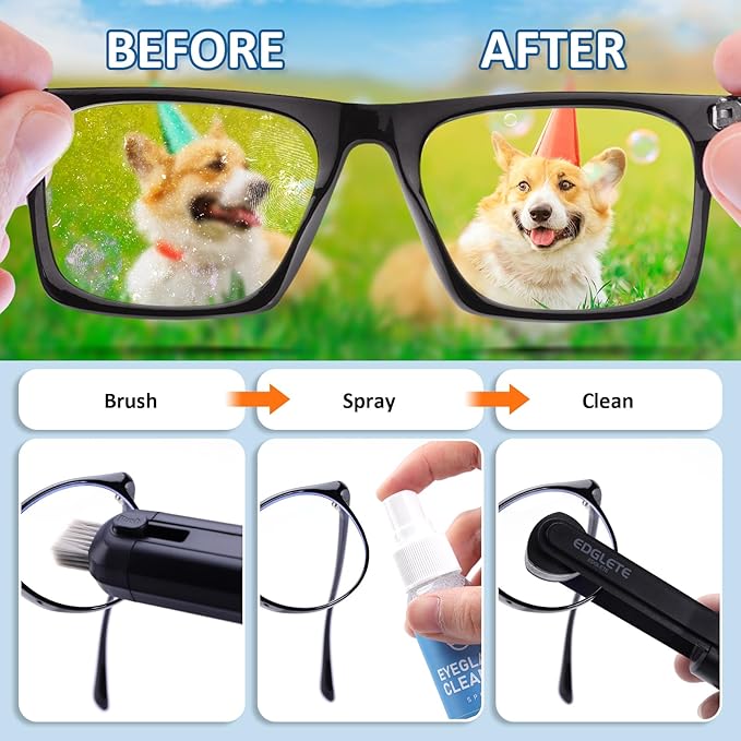 Glasses Cleaner Eyeglass Cleaning Kit, Lens Cleaners Spray with Microfiber Cloth, Portable Glasses Cleaning Kit for Travel, Safe Eyeglasses Cleaner Tool, No Streaks Scratch, Black