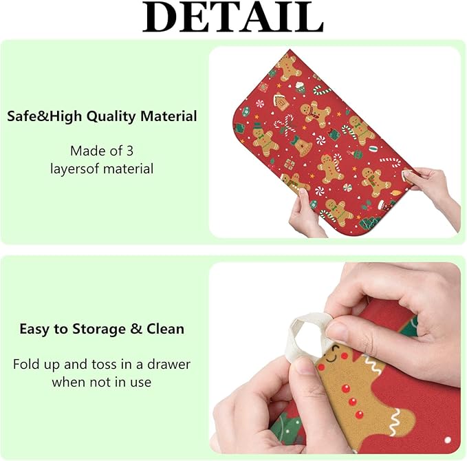 Christmas Kitchen Countertop Dish Drying Mat, Red Christmas Gingerbread Man Snowflake Pattern Microfiber Kitchen Drying Mat,Washable Absorbent Countertop Xmas Winter Holiday Dish Mat Drainer,16x18In