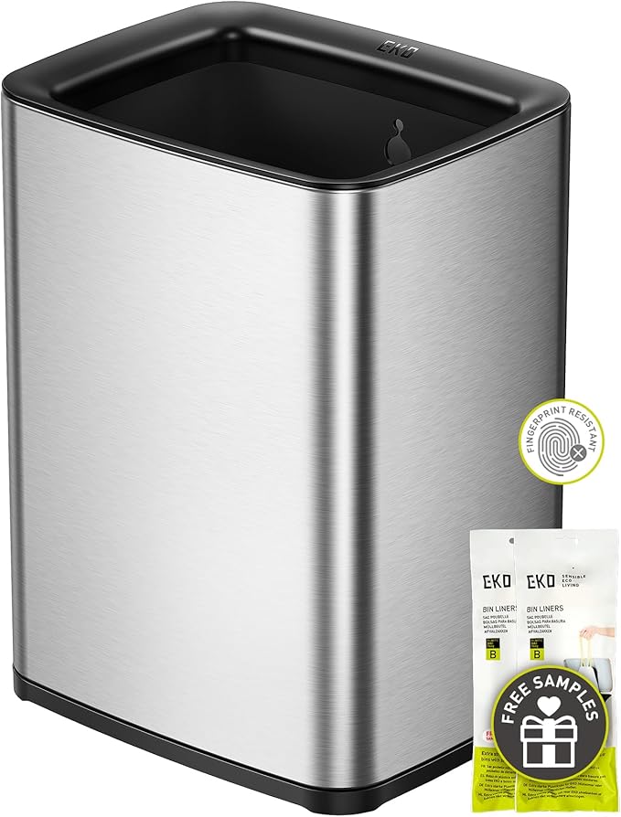 EKO Laguna 2.6 Gallon/10L Open Top Trash Can - Modern Matte Stainless Steel Waste Bin with Removable Inner Basket for Bathroom, Bedroom, and Office Use