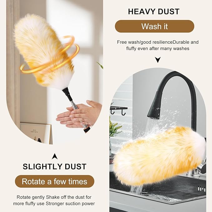 Wool Duster with Telescopic Rod Natural Cleaning Dusters for Sweeping The Corners of Ceilings Suspension Aircondition