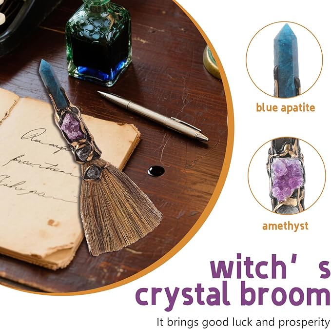 Crystal Witch Altar Broom - Witchcraft Supplies with Blue Apatite Wiccan Stuff Fairy Magic Broomstick with Natural Healing Crystals Hexagonal Points Pagan Fengshui Reiki Energy Clearing Gift
