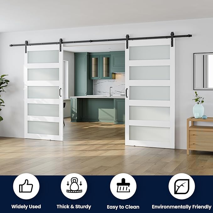 SmartStandard 84 x 84 in (Double 42×84 Door) Glass Barn Door with 14FT Sliding Hardware Kit & Handle, Pre-Drilled Ready to Assemble, Waterproof PVC Coating, 5-Panel Glass, White
