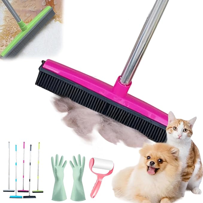 Pet Hair Rubber Broom, Rubber Broom for Pet Hair On Carpet, Pets Hairs Removal Broom with 49" Adjustable Handle, Soft Push Broom with Squeegee for Carpet, Hardwood Floor, Tile (E)