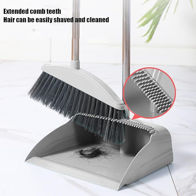 Broom and Dustpan Set for Home Indoor 180 Rotatable Standing Storage Buckle Type Brooms and Dustpan Set with Scraping Teeth and Scraper Deep Cleaning Suitable for Home