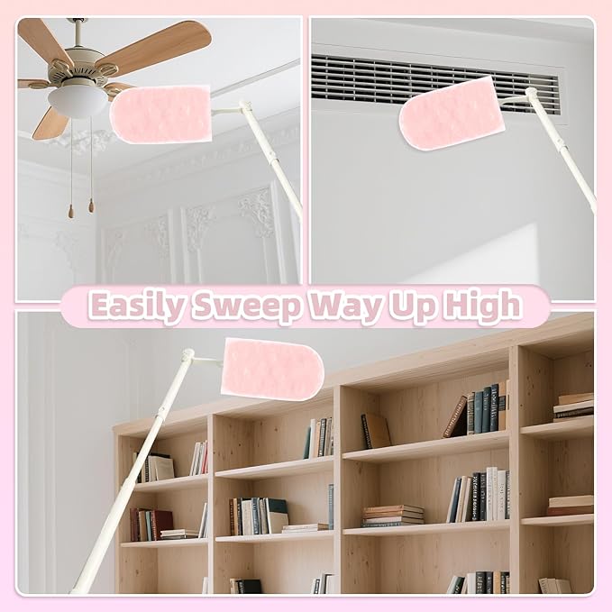 Heavy Duty Dusters Refills, Disposable Dusters Kit Compatible with Swiffer Handles, Multisurface Dusters+1 Extended Handle +1 Handle (Pink, 360°)