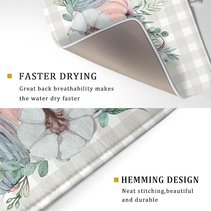 Fall Colorful Pumpkin Dish Drying Mat for Kitchen Counter,Green Leaves Drying Mat with Hanging Loop 18 x 24 Inch Microfiber Grey White Check Plaids Dish Drying Pad Dish Rack Drainer Mat for Coffee Bar