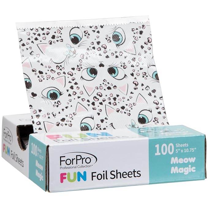 ForPro FUN Meow Magic 5" Foil Sheets, Aluminum Foil, Pop-Up Foil Dispenser, Hair Foils for Color Application and Highlighting Services, Food Safe, 5” W x 10.75” L, 100-Count
