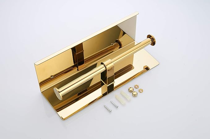 BGL Double Toilet Paper Holder Stainless Steel 304 Wall Mounted Two Heads Roll Tissue Holder with Shelf (Gold)
