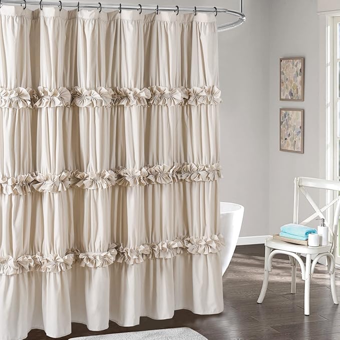 Camel Ruffle Shower Curtain, Vintage Handcrafted Bow Tie Bath Curtain for Master Bathroom, Ruched Microfiber Bathroom Curtain with 12 Buttonholes, 72" W x 84" H (LQ-10)