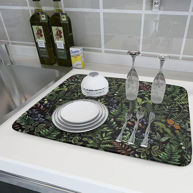 Black Sage Green Plant Dish Drying Mat for Kitchen Counter,Vintage Botanic Fern Leaves Floral Drying Mat 18 x 24 Inch with Absorbent Reversible Microfiber Drying Pad for Coffee Bar