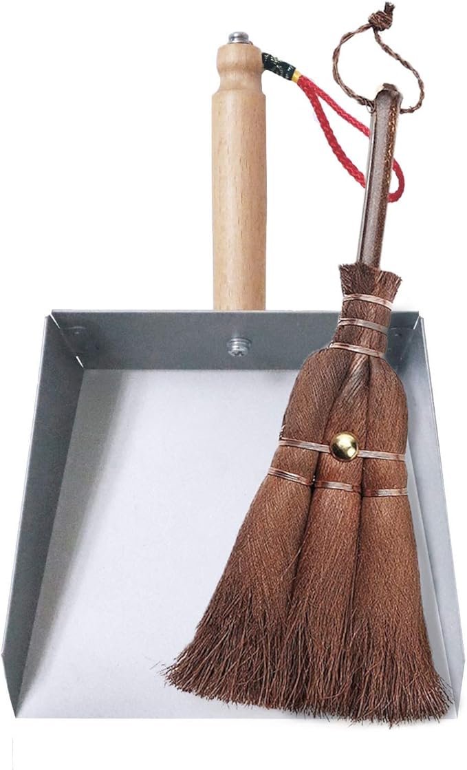 Mini Metal Dustpan and Brush Set Natural Bristle Hand Broom for Fireplace Woodstove