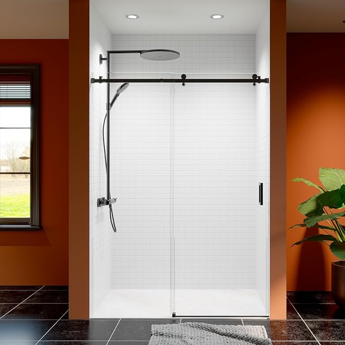 50-54 Inch Frameless Sliding Shower Door, 76" Height, 5/16" (8mm) Clear Tempered Glass, Smooth Gliding Track & Anti-Jumping System, Stainless Steel Matte Black Finish