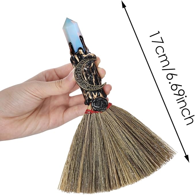 Crystal Witch Altar Broom - Witchcraft Supplies with Opal Wiccan Stuff Moon Magic Broomstick with Natural Healing Crystals Hexagonal Points Pagan Fengshui Reiki Energy Clearing Gift