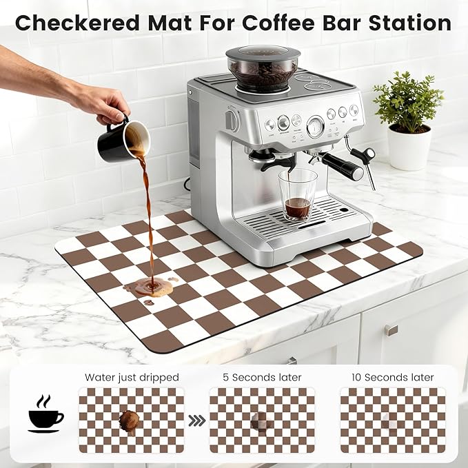 12" x 20" Checkered Dish Drying Mat for Kitchen Counter, Absorbent Coffee Bar Mat for Espresso Machine Coffee Countertops Accessories (Coffee Brown)
