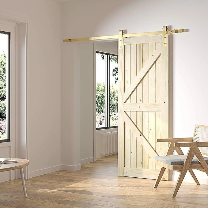 Rio Salto Gold Barn Door Hardware Kit 84" Length 7FT Sliding Door Hardware Modern Barn Interior Brushed Brass Panel Hardware (Hardware Kit, 7 Feet - Single Door)
