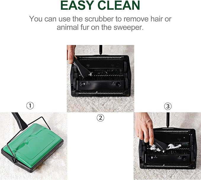 Yocada Carpet Sweeper Cleaner for Home Office Low Carpets Rugs Undercoat Carpets Pet Hair Dust Scraps Paper Small Rubbish Cleaning with a Brush Green