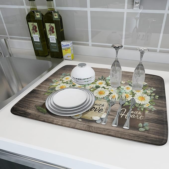 Flower Vase Dish Drying Mats 18×24 Inch Rustic Wood Reversible Microfiber Kitchen Countertop Protector Fast Dry Dish Drainer Rack Pad