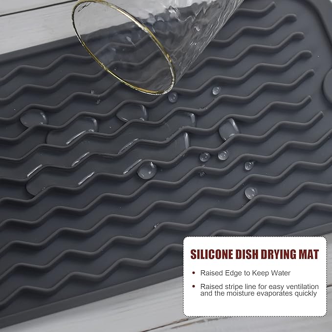 Silicone Dish Drying Mat, Non-Slip Easy Clean Sink Mat Large Heat-resistant Dish Drainer Mat for Kitchen Counter, Sink, Refrigerator or Drawer liner (12" x 6", GREY)