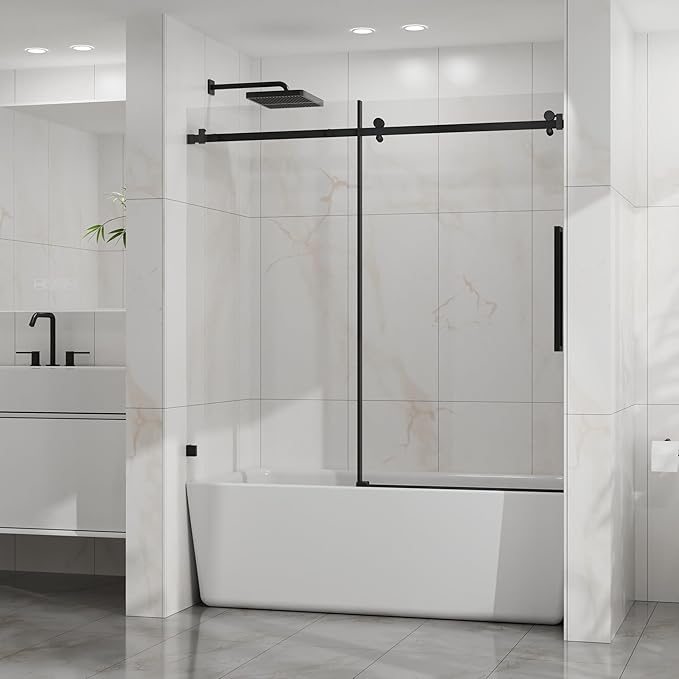 Frameless Sliding Bathtub Door 60" W x 58" H, 1/4" Clear Tempered Glass, Reversible Installation, Stainless Steel Hardware, Matte Black Finish, Space-Saving Glass Tub Shower Door for Bathrooms