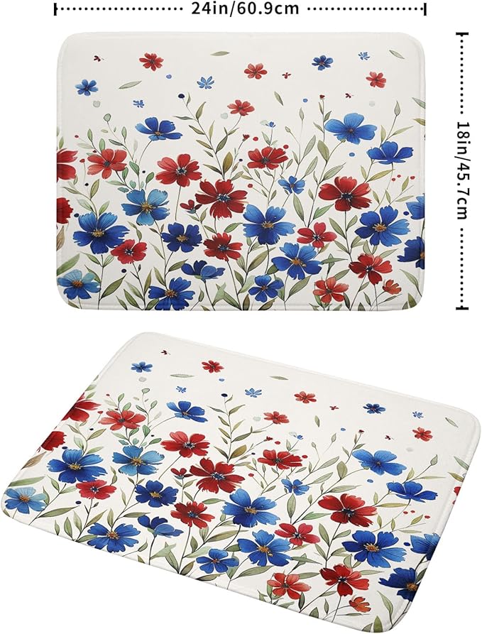 Khope 4th of July Dish Drying Mat for Kitchen Counter 18x24 Inch America Colorful Red Blue Floral Reusable Washable Memorial Day Flowers Drying Pad Countertop Home Decor