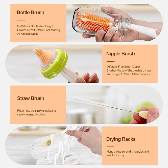 Bottle Brush Set,Travel Bottle Cleaner Kit with Baby Bottle Brush,UV Light,Straw Brush,Nipple Brush,Bottle Drying Rack for Home and Travel(Orange,Box-Shaped)