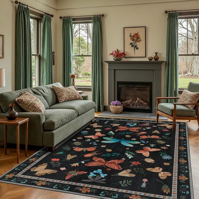 5x7 Washable Area Rugs for Bedroom & Living Room - Insect Floral Boho Vintage Rug,Soft & Non-Slip,Low Pile Wool Carpet for Indoor Dining Room,Girls Room,Nursery Room and Kids Room(Black)