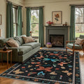 5x7 Washable Area Rugs for Bedroom & Living Room - Insect Floral Boho Vintage Rug,Soft & Non-Slip,Low Pile Wool Carpet for Indoor Dining Room,Girls Room,Nursery Room and Kids Room(Black)