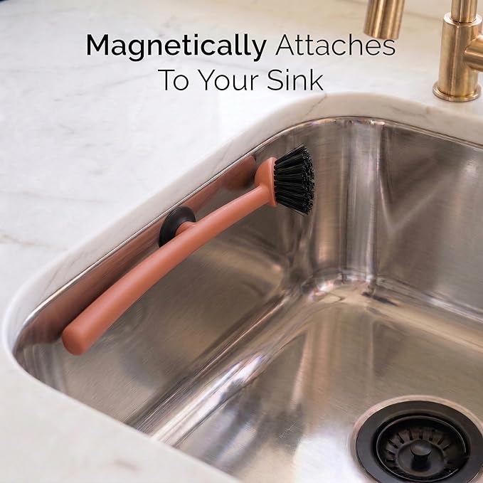 Earth & Mango Magnetic Dish Brush with Scraper – Snaps to Sink – Terracotta Clay