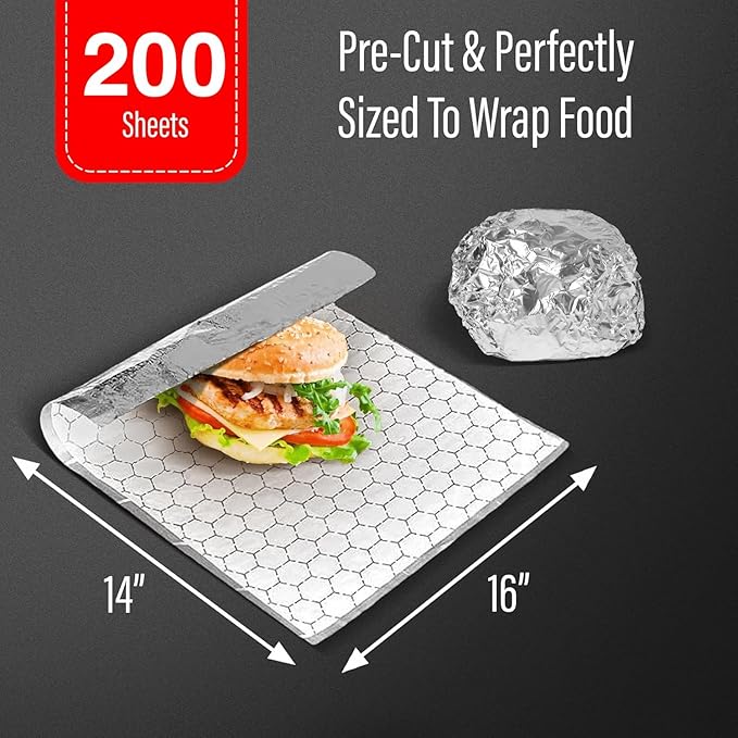 Insulation Sandwich Wrapping Paper Aluminum Foil Sheets - [200 Pack] - (14" x 16") - Aluminum Foil Sandwich Wrap Sheets For Sandwich Wraps, Burritos and BBQ
