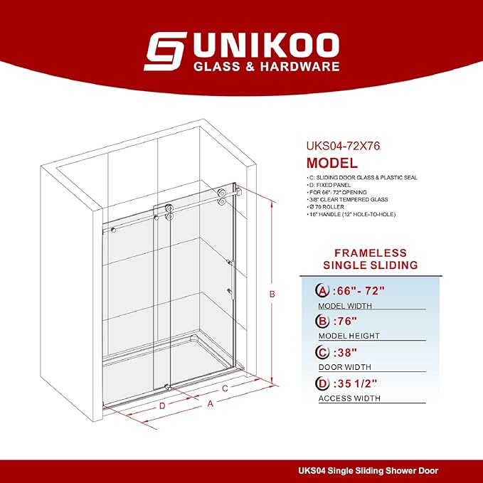 66-72 Inch x 76 Inch Sliding Frameless Shower Door, 3/8" Tempered Glass with Easy-Cleaning Coating, Stainless Steel Rollers & SGCC-Certified Stability, Bright Chrome