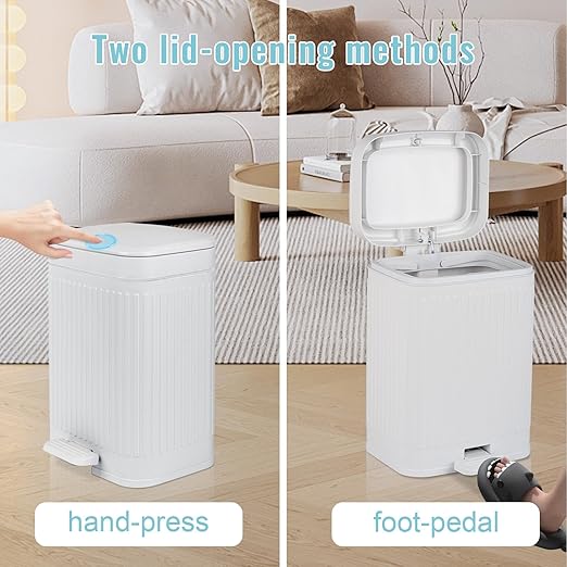 rejomiik Small Bathroom Trash Can with Lid 2.1 Gallon Soft Close Step Slim Garbage Can Waste Bin for Office, Bedroom, Kitchen, White