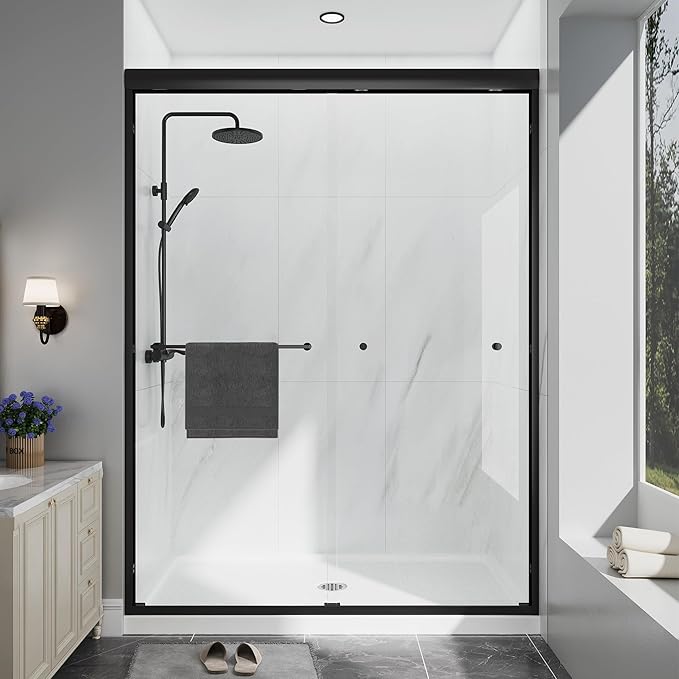 Double Sliding Shower Door, 49"-54" W x 70" H Semi-Frameless Glass Shower Door, 1/4'' (6mm) Clear SGCC Tempered Glass with Explosion-Proof Film and Nano Coating, Matte Black