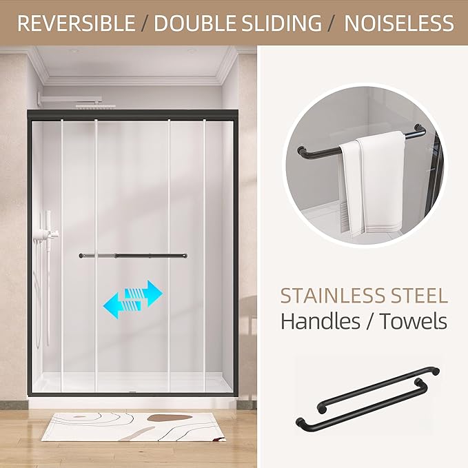 GETPRO Shower Door 50-54 in. W x 75 in. H Double Sliding Glass Shower Doors Semi-Frameless Bypass Glass Door for Walk-in Shower with 5/16 inch Tempered Glass Matte Black Hardware
