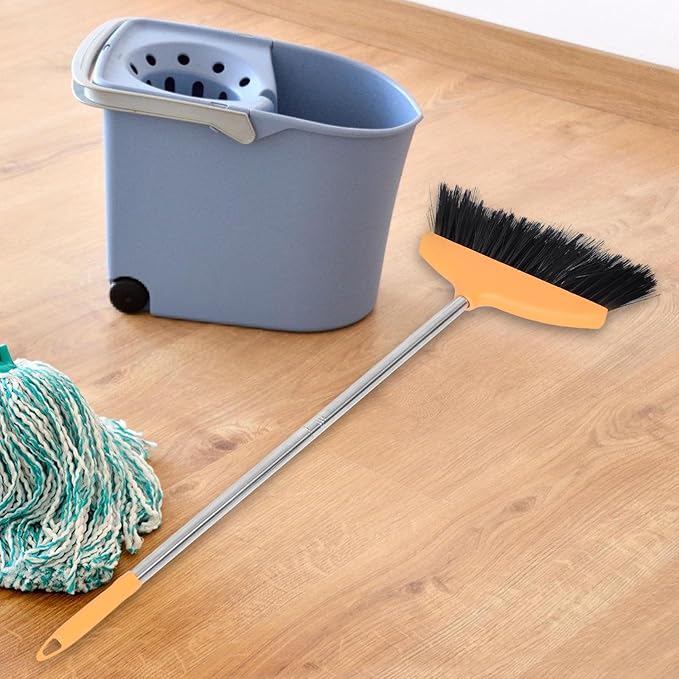 Housoutil Soft Bristle Broom with Dustpan Set, Stainless Steel Handle Floor Broom for Pet Hair and Hair Removal, Wide Angle Indoor Outdoor Sweeping Tool for Home Kitchen Office Cleaning