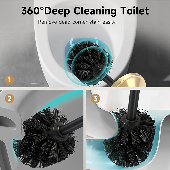 Brushed Gold Toilet Brush and Holder，Extra Long Handled Toilet Brush for Bathroom，Stainless Steel Heavy Duty Toilet Bowl Brush,Deep Cleaning Modern Toilet Cleaner Brush -Space Saving, Covered Brush