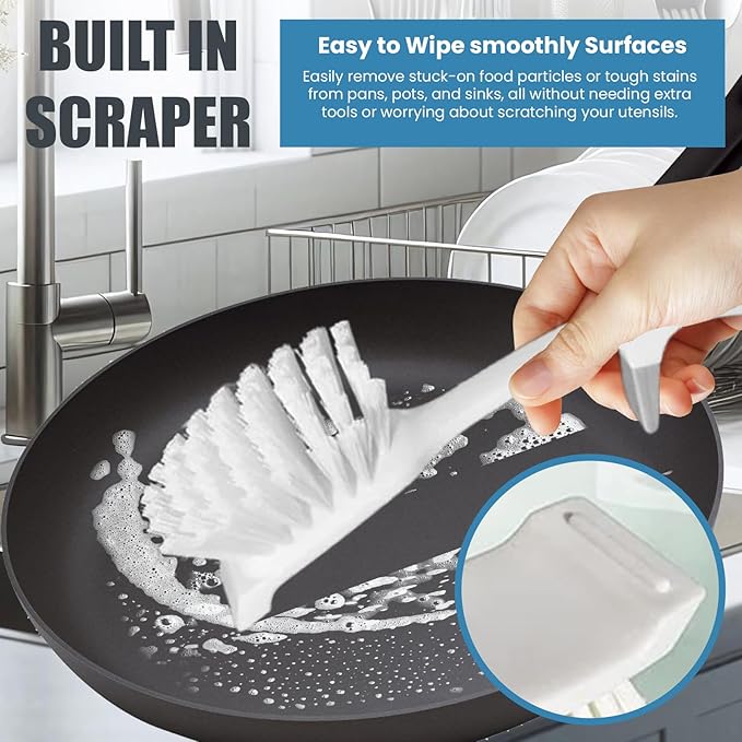 Dish Brush with Handle – 2 Pack - Comfortable Grip and Stiff Bristles Dish Scrubber Brush with Built-in Scraper Kitchen Scrub Brushes for Cleaning Dishes, Pots, Pans, Sink, Stove - White and Blue