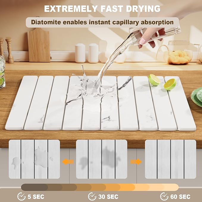 Dayacoco Stone Drying Mat for Kitchen Counter, Large Quick Dry Stone Mat, Collapsible Diatomaceous Earth Mats for Dishes Bottles Cups, Fits Any Countertop,23"×15.3",White gray