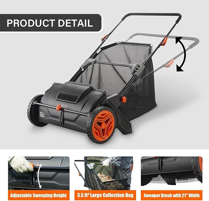Hand Push Lawn Sweeper, 21" Sweeping Width Floor Sweeper Manual Non-Electric, 3.5 cu. ft. Large Mesh Collection Hopper Bag, 2 Spinning Brushes for Walkway, Yard, Garage, Patio (21")