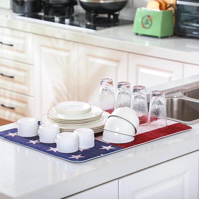 2 Pcs Memorial Day Dish Drying Mat for Kitchen 18 x 24 Inch 4th of July 250th Anniversary USA Patriotic Red White Blue Independence Day Star Microfiber Drainer Mat for Countertop