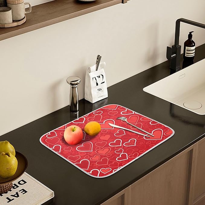 Red Hearts Cute Dish Drying Mat for Kitchen Counter Absorbent Microfiber Small Drying Pad Dish mats for Kitchen Countertops 16 x 18 Inch