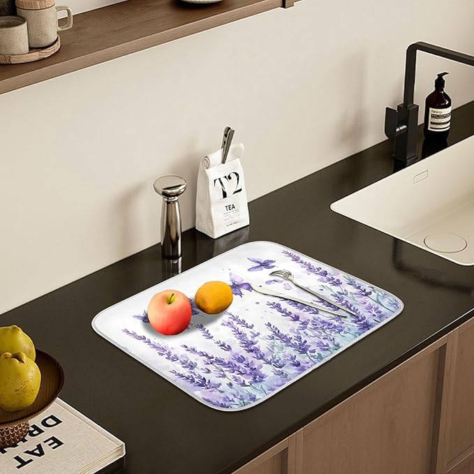 Purple Lavender Spring Summer Flower Floral Dish Drying Mat for Kitchen Counter Absorbent Microfiber Small Drying Pad Dish mats for Kitchen Countertops 16 x 18 Inch