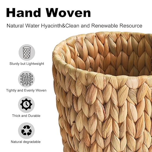 Wicker Trash Can,Small Bathroom Trash Can,Water Hyacinth Wicker Waste Basket for Bathroom,Boho Waste Basket for Bedroom,Home Office,Compact Spaces(2 Gallon Round)