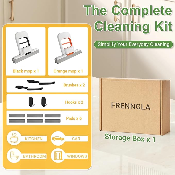 Mini Mop and Cleaning Brush Set, Foldable Self-Squeeze Sponge Mini Mop & Hard Bristle Crevice Cleaning Brush for Small Spaces, Tight Spaces, Gaps, Grout Cleaning, Kitchen, Bathroom, Desktop