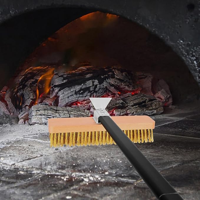 Large Pizza Oven Brush with Scraper, 10.7" Length Brass Bristles Grill Brush with 37 or 52.8 Inch Long Handle, Backyard Pizza Oven Accessories