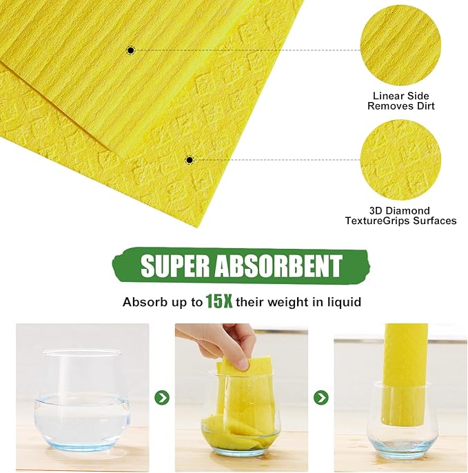 Homaxy Swedish Dishcloths for Kitchen, 15 Pack Reusable and Washable Cellulose Sponge Cloths Dish Towels, Absorbent and No Odor Paper Towels for Dishes ＆ Counters, Yellow