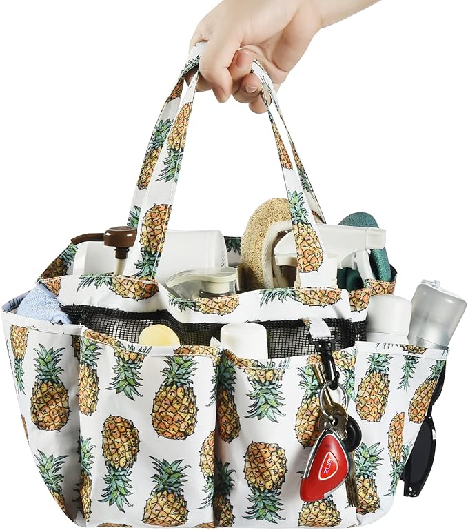 Haundry Portable Mesh Shower Caddy Bag, Large Basket Organizer with Key Hook for College Dorm Bathroom Camp Gym, Hanging Tote Bag with 8 Pockets (Pineapple)
