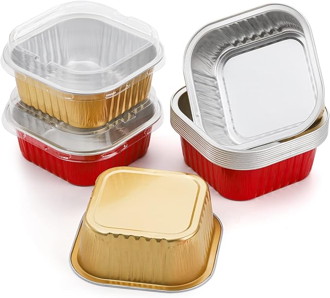 ZEAYEA 60 Pack 10 oz Aluminum Foil Baking Cups with Lids and Spoons, Disposable Foil Ramekins Cupcake Containers, Cupcake Muffin Liners Cups for Wedding Christmas Birthday Party