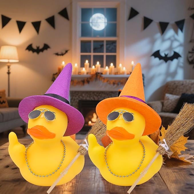 Halloween 3.15" Fun Rubber Duck Witch Duck Car Dashboard Decorations Halloween Witch Hat Broom Sunglasses Necklace for Car Home for Office Accessories